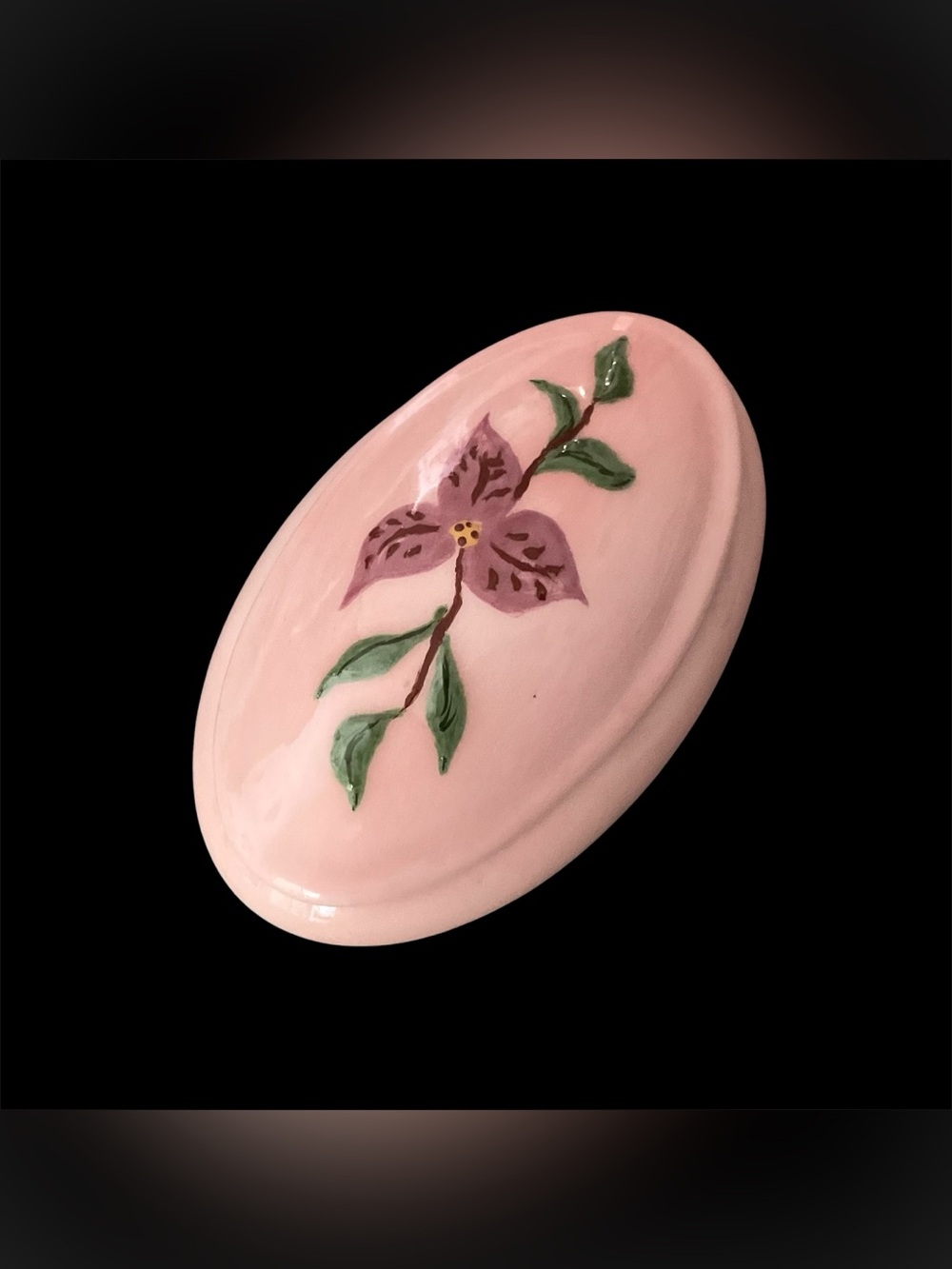 Vintage Pink Oval Ceramic Trinket Box with Hand-Painted Floral Motif